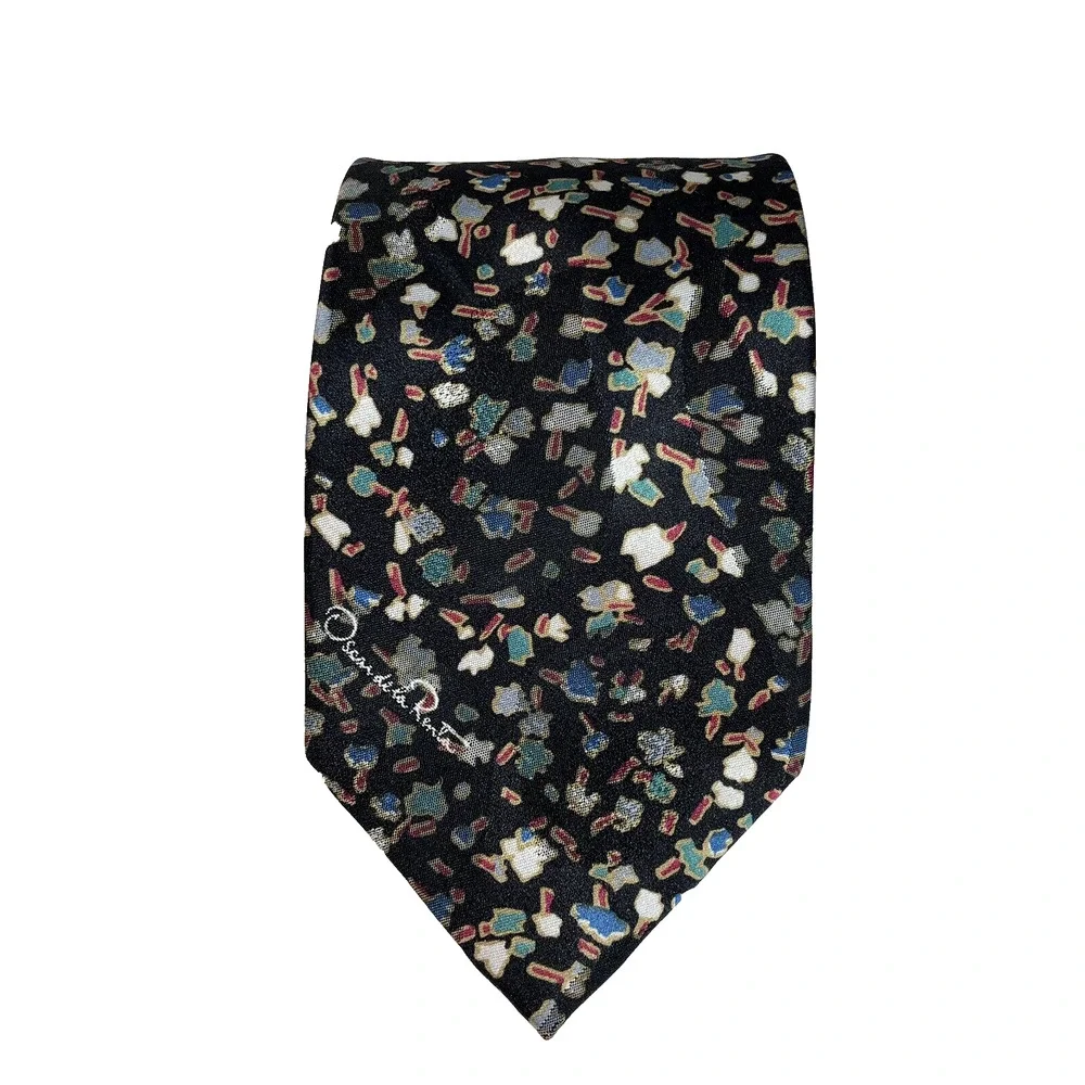 Vintage Oscar de la Renta Studio Tie Black Multicolor Geometric Print USA Retro